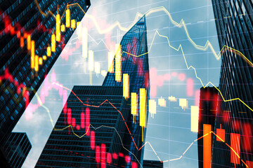 Financial market graphs with candlestick charts over modern skyscrapers in city business district reflecting economic trends and global investment outlook.