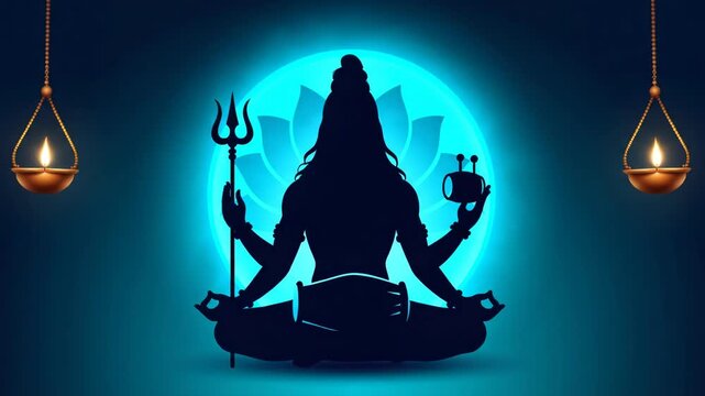 Meditative Silhouette of Lord Shiva With Trident and Damru Against Glowing Blue Aura