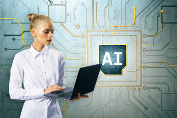 Professional woman using laptop with AI circuit board background symbolizing artificial intelligence and futuristic digital technology interface.