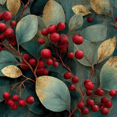 Beautiful Red Berries and Green Leaves with Gold Accents Design