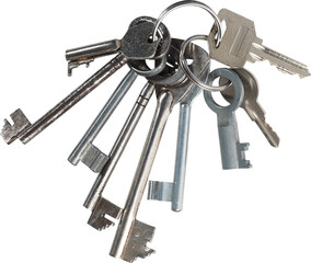 Bunch of keys on keyring isolated on white background