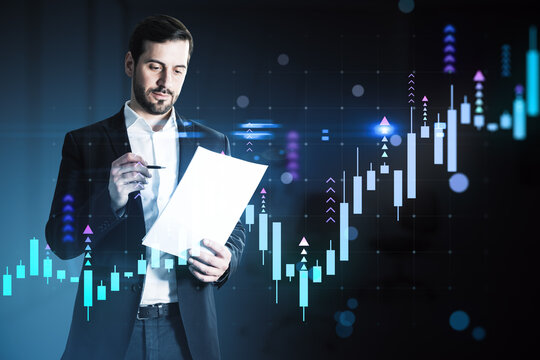 Businessman analyzing financial report with virtual stock market chart overlay in futuristic digital interface on dark background. - Powered by Adobe