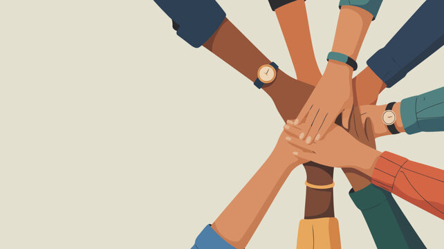 Diverse group of individuals hands stacked together demonstrating strong unity and community spirit