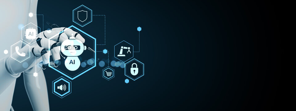 Robotic hand interacting with AI interface icons representing automation, chatbot, data security, and digital transformation on dark background. 3D Rendering - Powered by Adobe