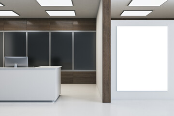 Modern office reception mockup with blank vertical wall poster frame and sleek white desk in minimalist interior with wood and dark glass decor. 3D Rendering