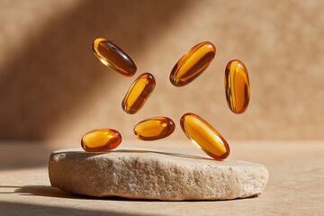 Healthy golden vitamin omega 3 oil capsules on beige stone background. Dietary supplements and health benefits.