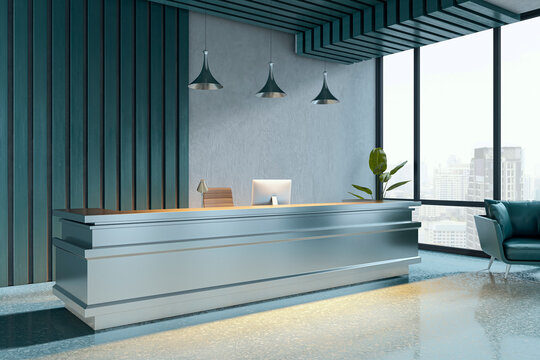 Modern office reception desk with computer and pendant lamps in bright high-rise interior, featuring teal accents and city skyline view. 3D Rendering