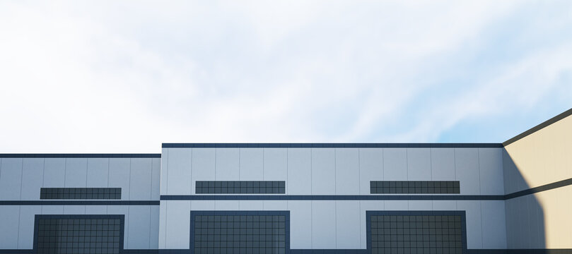 Modern industrial warehouse building with large garage doors under a bright blue sky, showcasing minimalistic exterior design. 3D Rendering