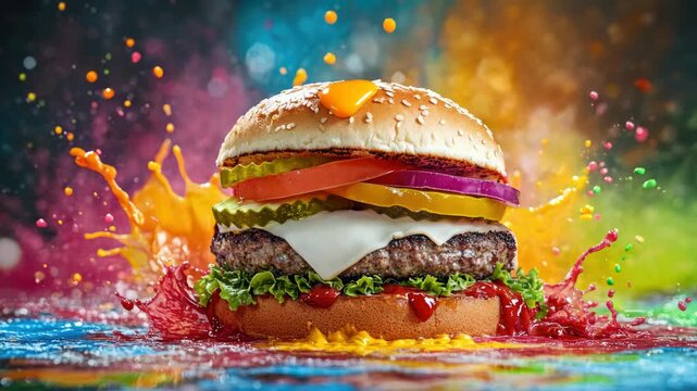 A tantalizing burger exploding with vibrant colors and fresh ingredients. This is a high-resolution perfect for advertising or showcasing culinary delights.