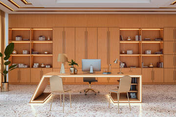 Modern minimalist office interior with wooden furniture, terrazzo floor, LED lighting and organized shelves in warm tones. 3D Rendering