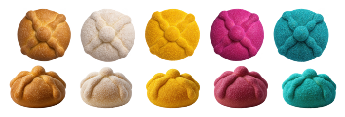 Colorful Mexican Pan de Muerto sweet bread of the dead collection, Día de Muertos celebration isolated background
