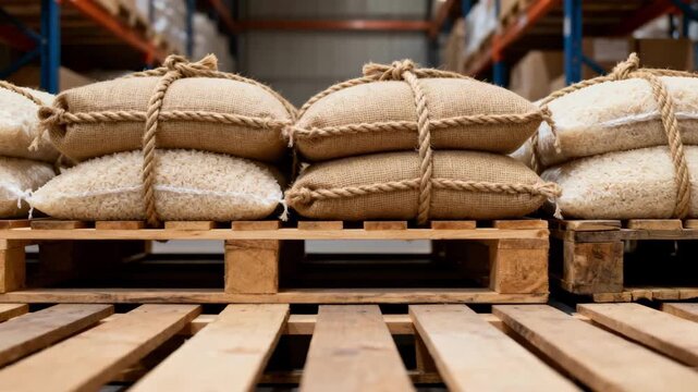 Medium shot showing the placement and bundling of woven bags filled with bulk milled rice on pallets ready for shipment.