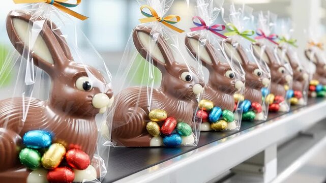 row of chocolate easter bunny figures wrapped in clear packaging with colorful chocolate eggs, displayed on a confectionery production line in a factory setting