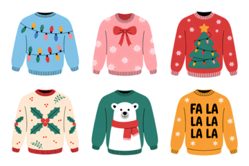 Ugly Christmas sweaters with festive holiday designs on transparent background