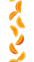 Fototapeta premium Floating orange slices isolated on black background, fresh citrus fruit motion concept