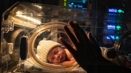 Newborn baby sleeping in medical incubator with parent hand touching glass in neonatal intensive care unit
