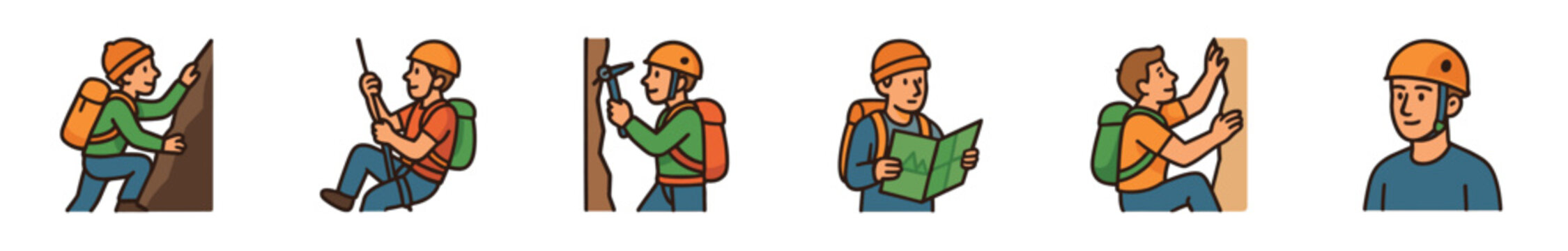 Set of rock climbing cartoon illustrations shows a man with a backpack and helmet scaling a cliff, rappelling, hammering a piton, and reading a map