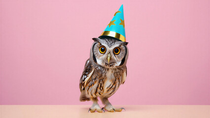 Wide-eyed owl in a shiny blue party hat with golden stars, standing against a pink background whimsical, surreal and humorous visual perfect for branding, character design, playful storytelling