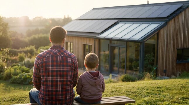 Father and Son Silhouetted Against Solar Panel House at Sunset Featuring a Red Plaid Shirt and Verdant Garden in Golden Light