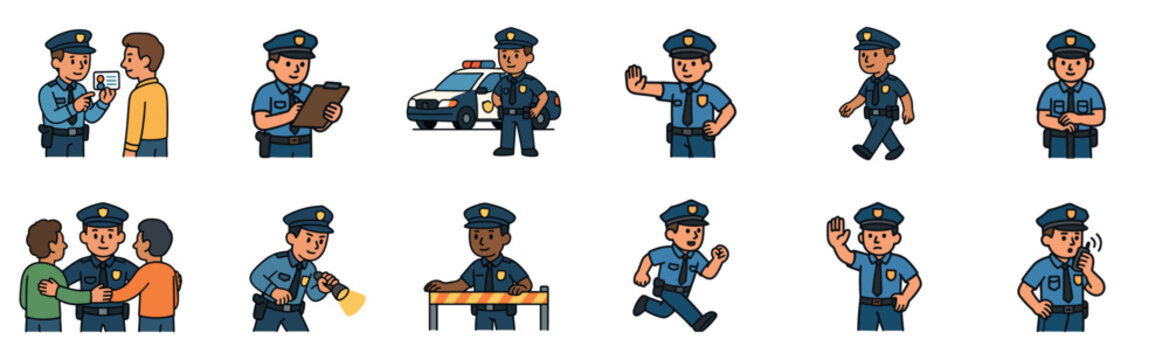 Diverse cartoon police officer character set illustrating various law enforcement duties like traffic control, patrolling, writing tickets, and interacting with the public