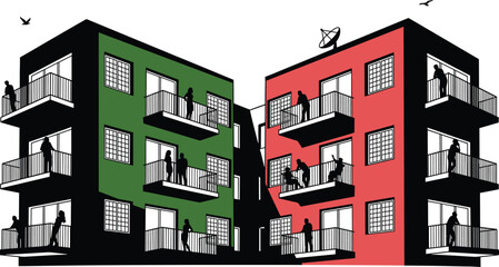 Modern apartment building illustration with people on balconies, green and red facade blocks, urban community lifestyle, residential architecture vector art. (22 words) © Ariful