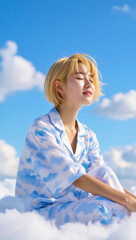 Blonde woman in cloud print pajamas sitting peacefully on fluffy clouds with closed eyes under blue sky evoking dreamlike atmosphere wellness escapism and dopamine inspired soft and surreal aesthetic