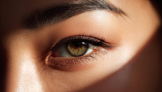 Close up detail perfect skin Asian diverse beauty woman brown eyes and perfect eyebrow makeup details. Cosmetic and skincare concept background.