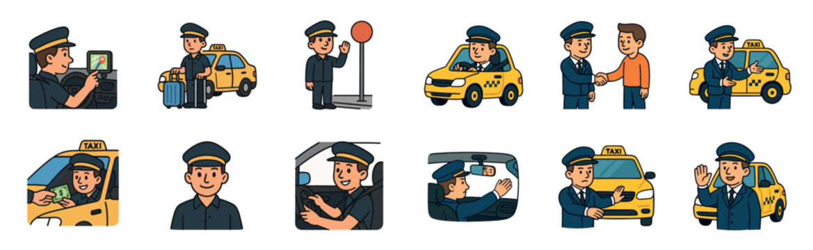 Set of cartoon taxi driver character illustrations depicting various professional duties, including driving a yellow cab, greeting passengers, and providing friendly transportation service