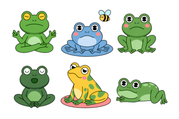 Various cartoon frog characters in different poses and expressions including meditation and resting positions