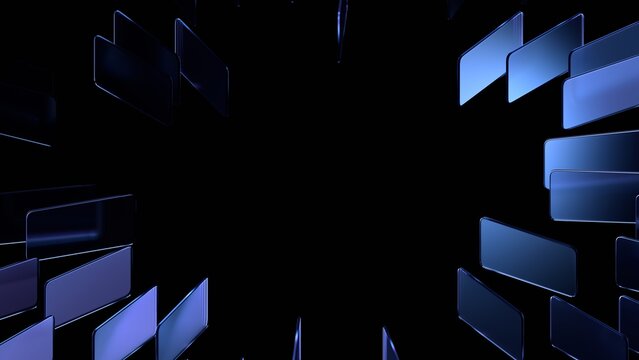 Glass objects are arranged in a structure and organized in a circle on a black background, 3d render
