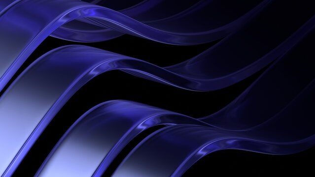 Wavy glass purple lines on a black background, 3d render
