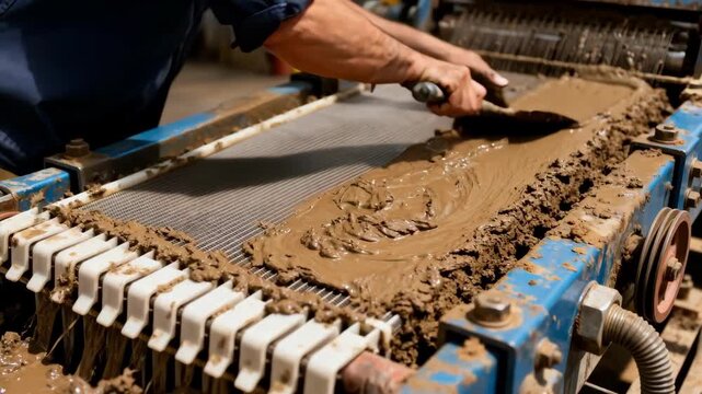 Closeup view of workers removing sticky mud cake from a filter press highlighting manual cleaning and mechanical upkeep for optimal equipment performance.