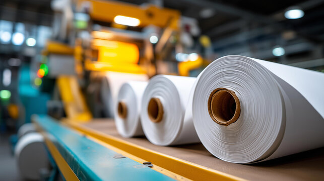Paper being manufactured in mill with machines converting pulp into rolls, production process, industrial automation, manufacturing technology, defocused machinery, with copy space