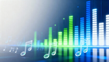 Glowing musical notes on a digital audio equalizer background. Abstract sound frequency and volume visualization. Music technology concept with copy space