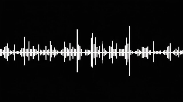 A sound waveform of white vertical lines pulses across a black background&mdash;visualizing audio amplitude, rhythm, and signal structure in a sleek, minimal format ideal for music or acoustic analysis.