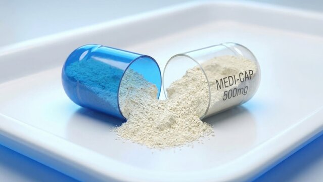 Split Pill Capsule with Spilled Medication Powder Healthcare Concept