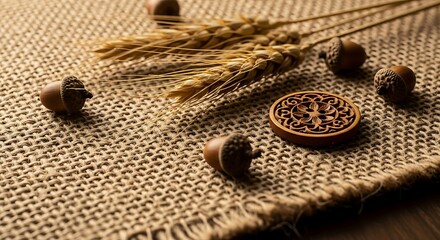 Dried wheat stalks and natural acorns rest upon a textured burlap surface near a carved wooden disc