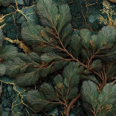 Elegant Green and Gold Leafy Pattern on Dark Marble Background