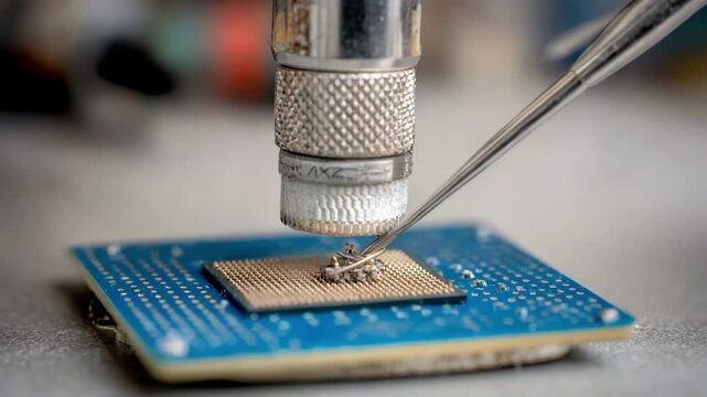 Closeup of intricate soldering on flash memory device as professional restores lost data from damaged chip using advanced microrepair techniques.
