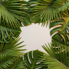 Vibrant assortment of tropical foliage frames a central blank space