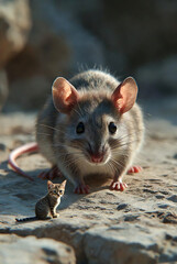Giant Mouse Chasing a Tiny Cat.
Reversed Predator Roles Concept.
Surreal Scale Contrast Scene.