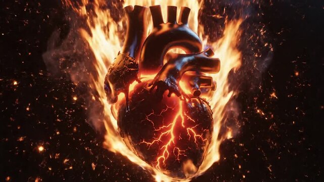 A burning human heart on fire with flames and sparks, symbolizing passion or heartbreak, set against a dark background, possibly for emotional or medical concepts