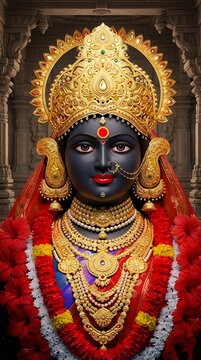 Portrait of hindu goddess kali ma wearing golden crown and red hibiscus garland for religious kali puja and diwali festival celebration in india