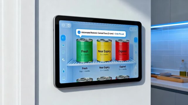 Medium shot of a wallmounted tablet showing a virtual pantry layout with colorcoded canned goods expiration tracking and automated restock notifications.