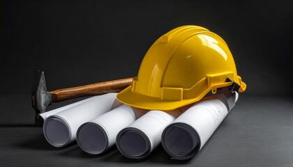 Yellow construction hard hat on rolled blueprints with hammer