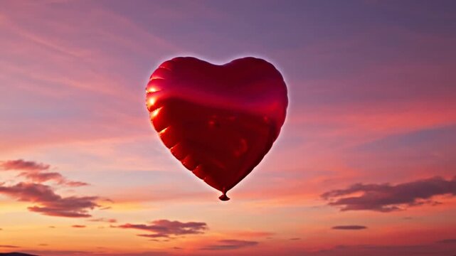 Heart-shaped red balloon floating in the air with sunset background