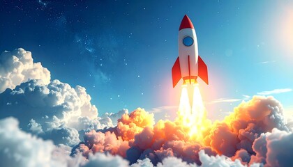 Fototapeta premium Cartoon rocket with red fins launching into starry blue sky with flames and clouds in playful composition