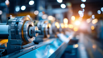 Fototapeta premium Pulp and paper mill machinery in motion producing high-quality products, manufacturing process, industrial operations, production equipment, defocused factory floor, with copy space