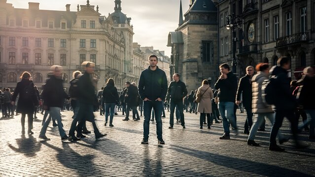 Man standing still in a busy city street with blurred pedestrians