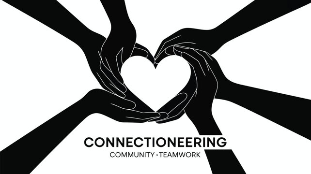 Four outlined hands in black forming a central white heart shape on a clean white background with text